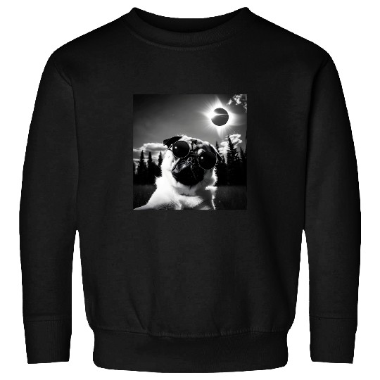 Pug Solar Eclipse 2024 Funny Totality Meme Retro Dog Selfie Sweatshirts