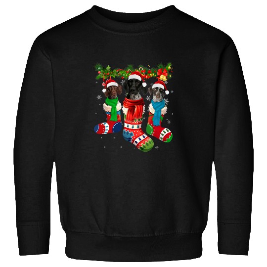 Three German Shorthaired Pointers In Christmas Socks Sweatshirts