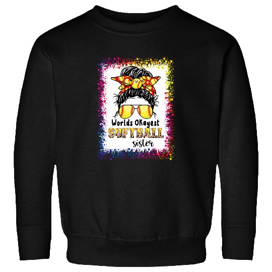 Worlds Okayest Softball Sister Bleached Leopard Messy Bun Sweatshirts