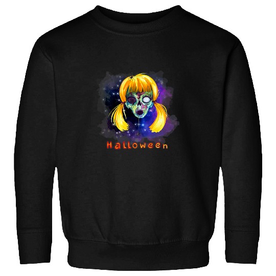 Zombie Girl Face Watercolor Halloween Design Art Sweatshirts