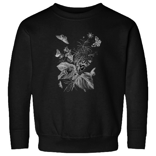 Monochrome Artistic Cottagecore Flowers and Butterflies Art Sweatshirts