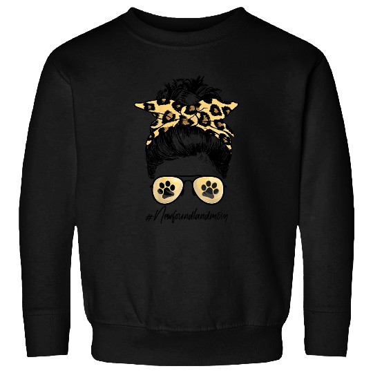 newfoundland mom dog mom messy hair bun leopard print women Sweatshirts