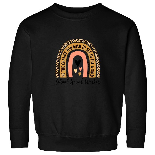 Womens School Social Worker Leopard Rainbow Cute Work Love Teacher Sweatshirts
