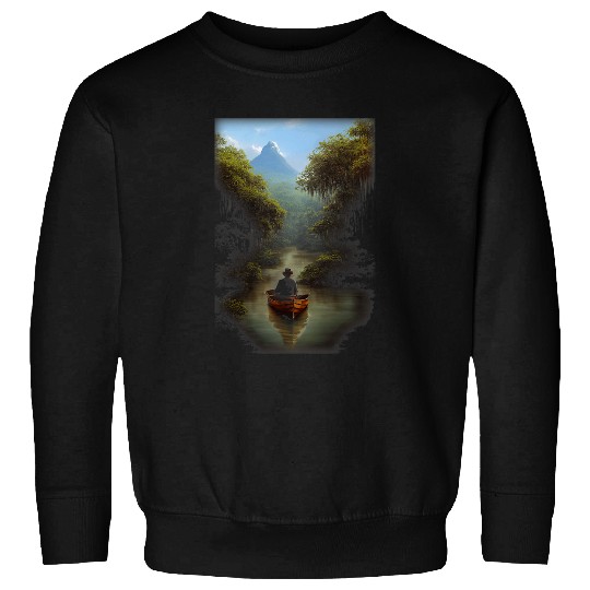 Hyperrealistic Male Traveller Boat Deep On River Nature Sweatshirts