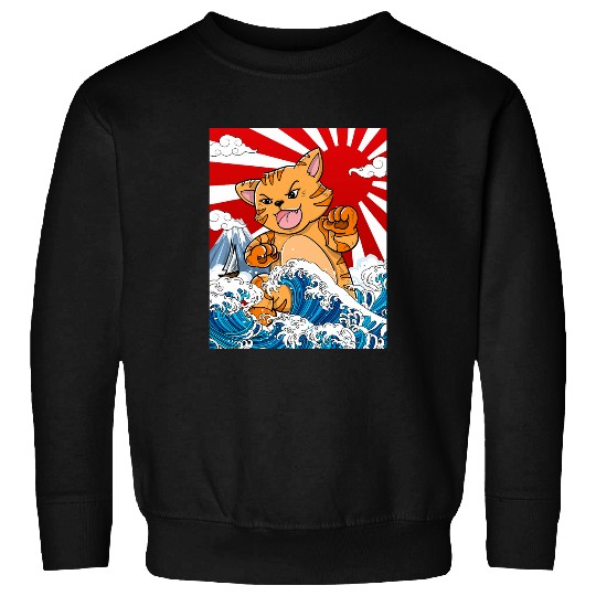 Japanese Kaiju Cat Anime Manga otaku Waves ocean boat Sweatshirts
