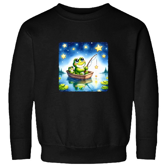 Frogs In Boat Fishing For Stars Pond Leaves Colorful Sweatshirts