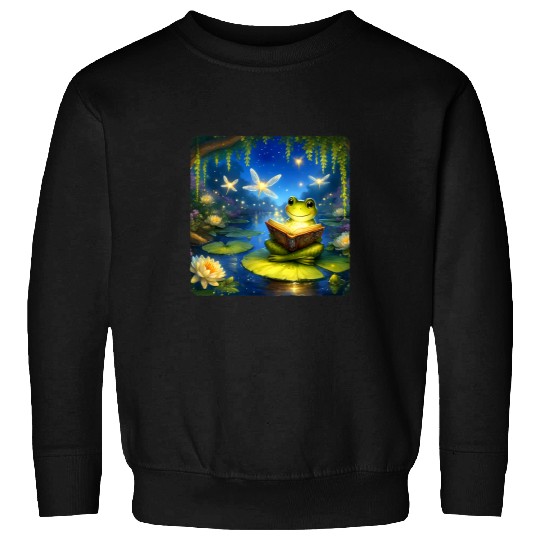 Frog Reading Fairy Tale Book With Fireflies Magical Pond Sweatshirts