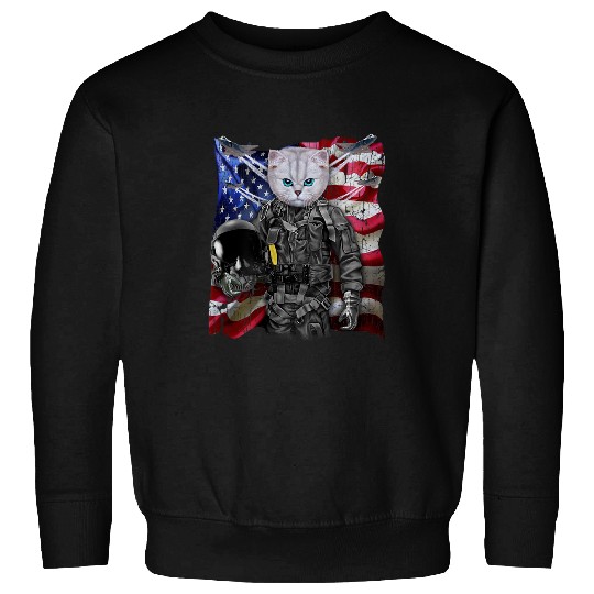 Fluffy White Cat Fighter Jet Pilot with Flag of USA Sweatshirts