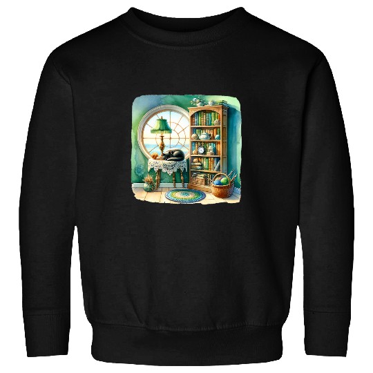 Book Lover Art Cat Gift Watercolor Reading Bookshelf Sweatshirts
