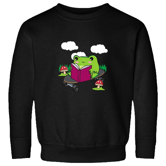 Cottagecore Aesthetic Cute Skateboarding Frog Reading Book 2 Sweatshirts