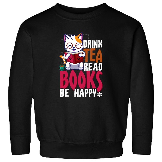 Cute Cat Drink Tea Read Books Happy Book Reading Bookworm Sweatshirts