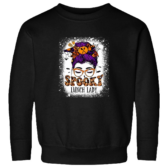 Spooky Lunch Lady Halloween Messy Hair Woman Bun Bleached Sweatshirts