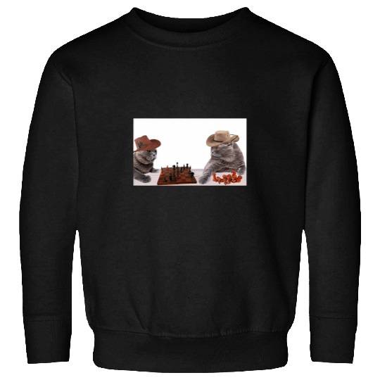Cats Playing Chess in Cowboy Hats Random Funny Cute Cat Meme Sweatshirts