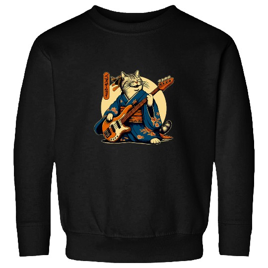 Japanese Samurai Cat Playing The Bass Sweatshirts