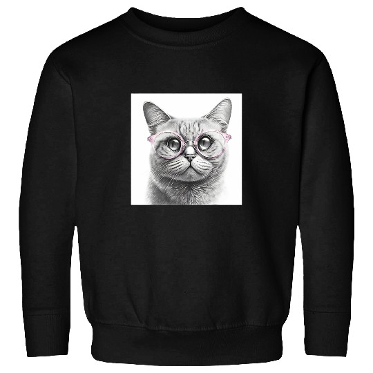 Pencil Drawing of Curious Cat Wearing Light Pink Glasses Sweatshirts