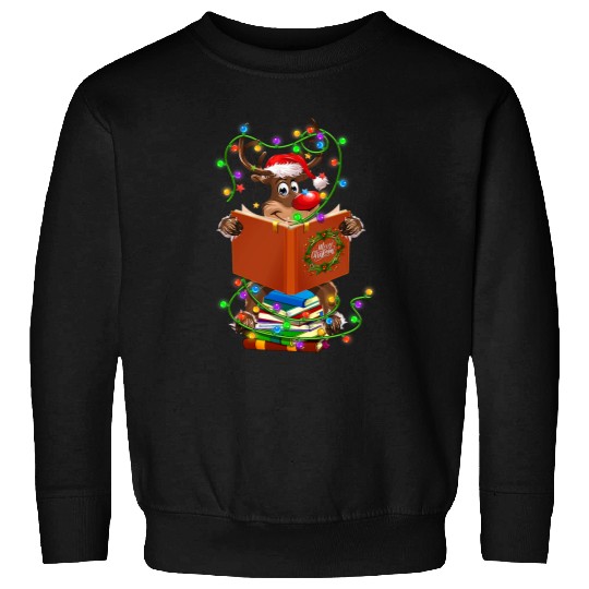 Reindeer Reading Books Christmas Lights Ornaments Book Lover Sweatshirts