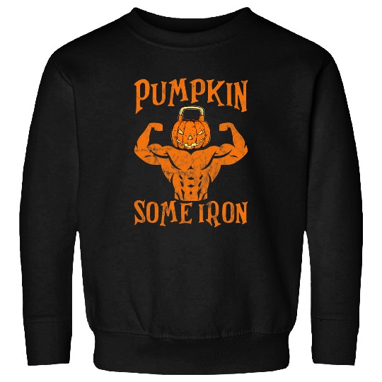 Mens Pumpkin Some Iron Funny Halloween Gym Workout Weightlifting Sweatshirts