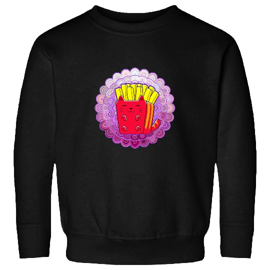 Cute Food Drawing on Pink Mandala French fries Kawaii Cat Sweatshirts