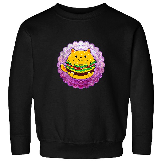 Cute Food Drawing on Mandala Pattern Hamburger Kawaii Cat Sweatshirts