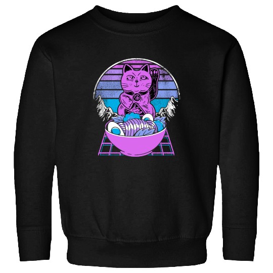 Ramen Maneki Neko Cat Kawaii Retrowave Sunset 80s Sweatshirts