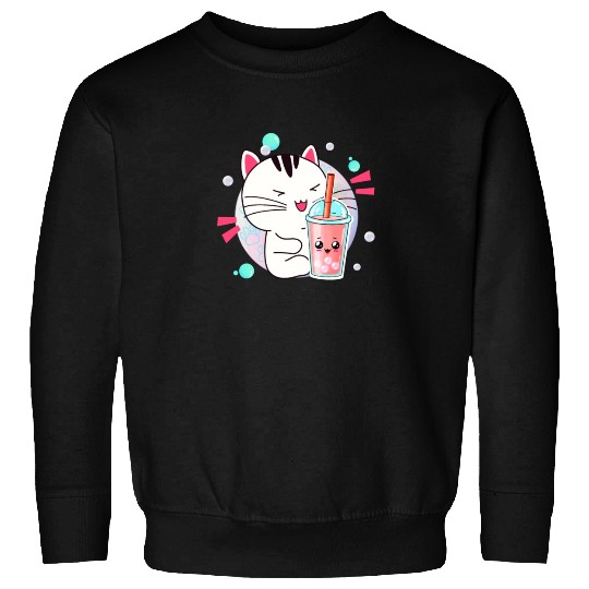 Kawaii Anime Cat Bubble Tea Fan Sweatshirts