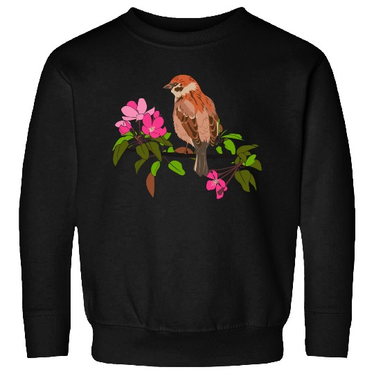 Sparrow on a branch pink flowers of an apple tree Sweatshirts