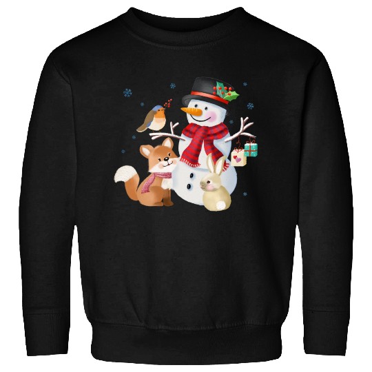 Snowman with fox, rabbit and robin Sweatshirts