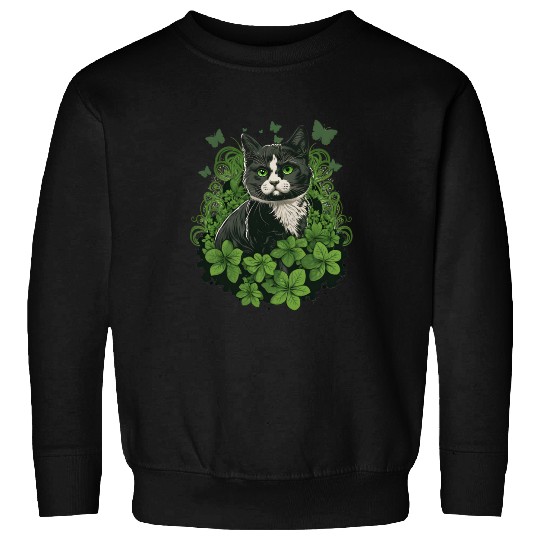 Black and white cat with ivy and butterflies Sweatshirts