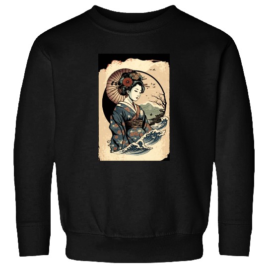 Geisha Watercolor Sea Waves Asian Art Woman Poster Sweatshirts