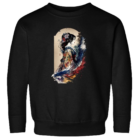 Geisha Watercolor Sea Waves Asian Art Woman Sweatshirts