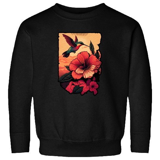 Hummingbird flies over hibiscus flower Tropical Sweatshirts