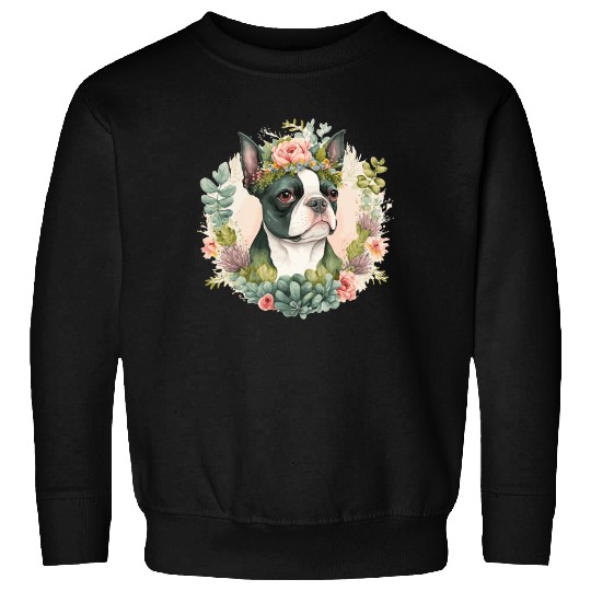 Cute Boston Terrier Flower Crown Pet Dog Floral Pu Sweatshirts
