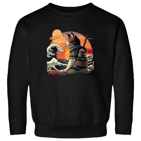 Retro samurai cat The Great Wave Hokusai Sweatshirts
