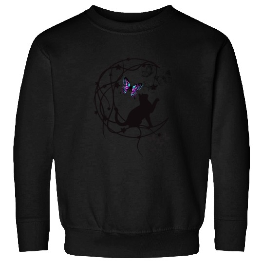 Decorative Black Cat Silhouette With Butterflies Sweatshirts