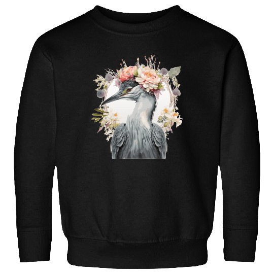 Watercolor Heron Freshwater Bird Flower Crown Flor Sweatshirts