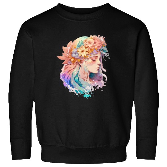Watercolor Girl Spring Flower Crown Fairy Cottagec Sweatshirts