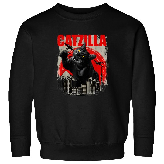 Catzilla Vintage Funny Cute Cat Art Japanese Sunse Sweatshirts
