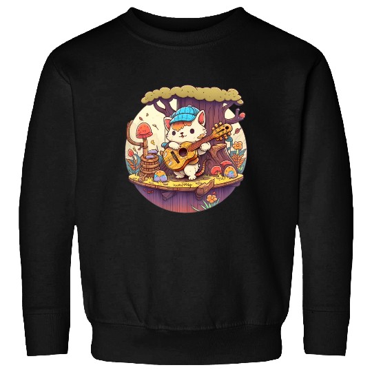 Cute Kawaii Cat Playing Guitar Banjo On Log Sweatshirts