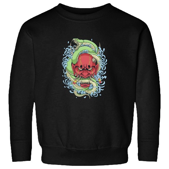 Japanese oni mask with peony flower and greem snak Sweatshirts