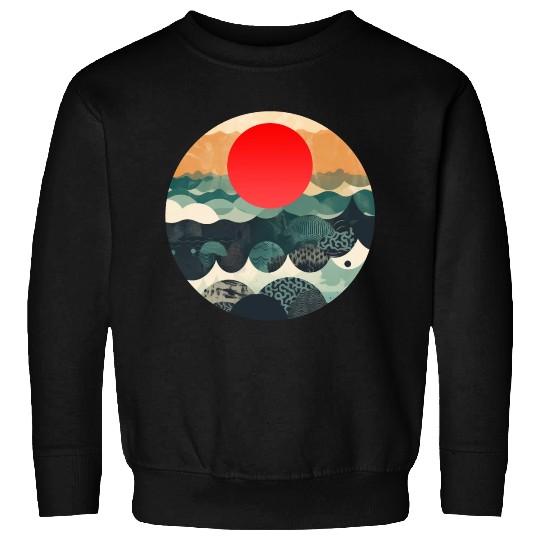 Red sun Japanese Art Inspired Patterned Ocean Sweatshirts