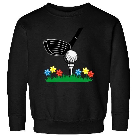 Golf stick and ball on grass field with flowers Sweatshirts