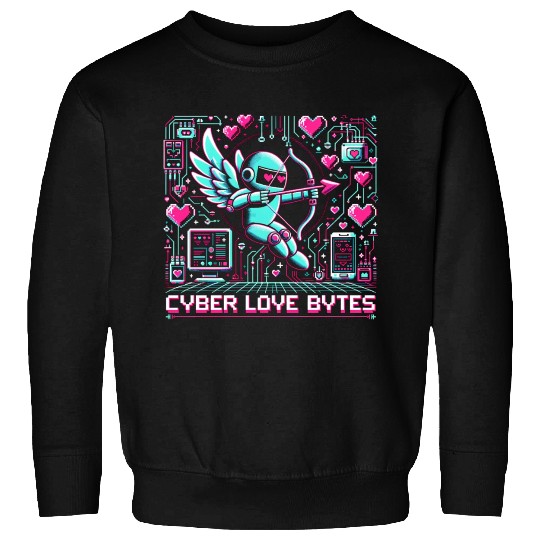 Cyber Love Bytes 8bit Cupid Robot and Neon Hearts Sweatshirts