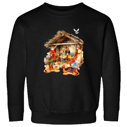 Nativity scene with Mary Joseph Baby Jesus Sweatshirts