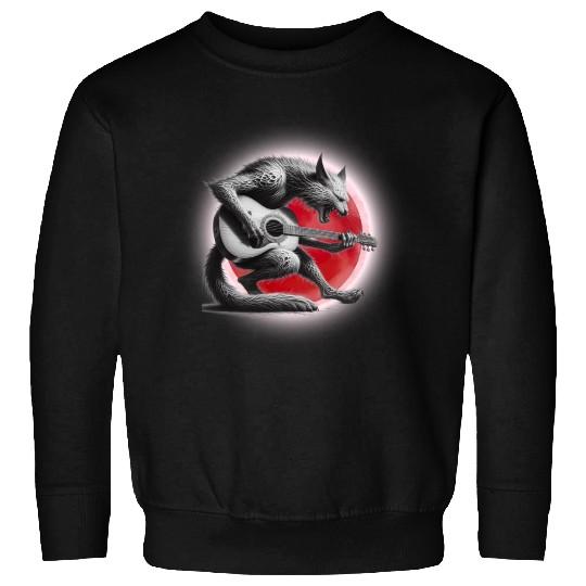 Rock Cat Playing Guitar Sweatshirts under the red moon