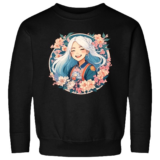 Happy Smile Pretty Japanese Anime Girl with Flower Sweatshirts