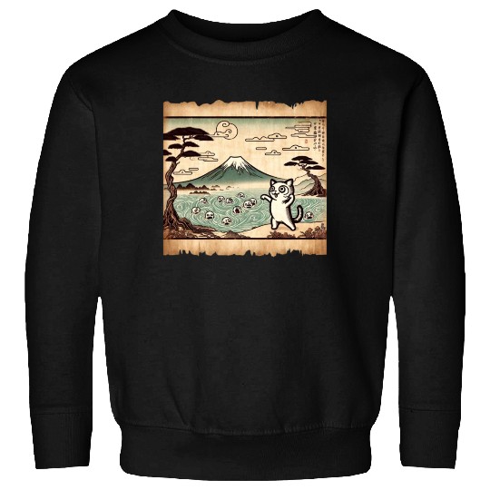 Mt. Fuji Kitten Papyrus Scroll Retro Japanese Art Sweatshirts