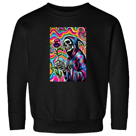 Psychedelic Grim Reaper Holding Sweet Pea Flower Sweatshirts