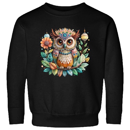 Colorful illustration of an owl perched on branch Sweatshirts