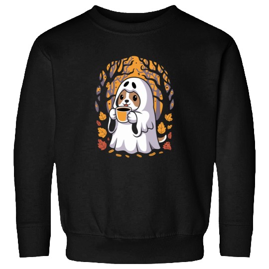 Cute Ghost Dog Sipping Coffee Halloween Sweatshirts