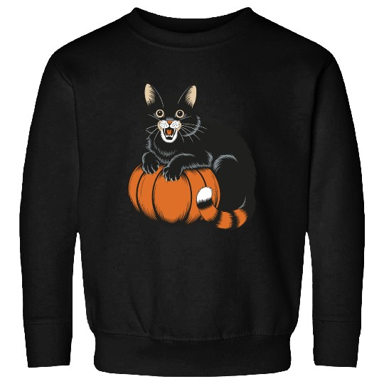 Surprised Halloween Cat With Pumpkin Vintage Style Sweatshirts